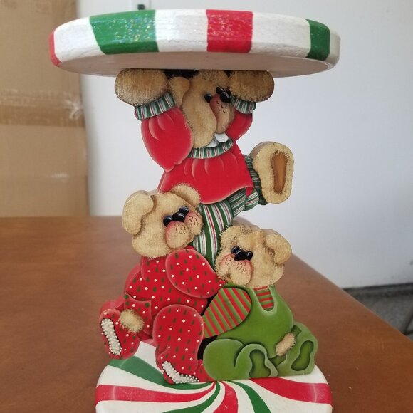 Hand Painted Christmas Teddy Bears Wooden Pedestal/Stand